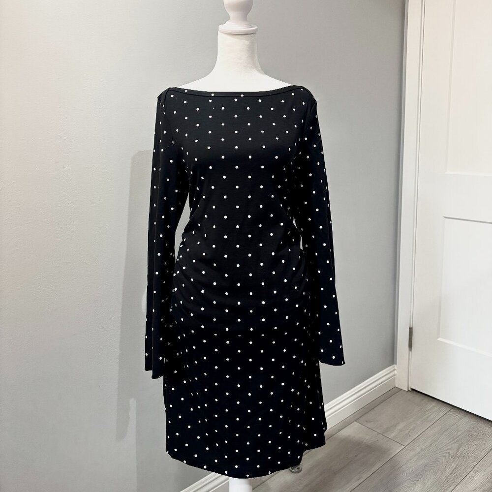 COTTON-BLEND BOAT NECK POLKA DOT RUCHED BELL SLEEVE MINI DRESS CURVE & PLUS
